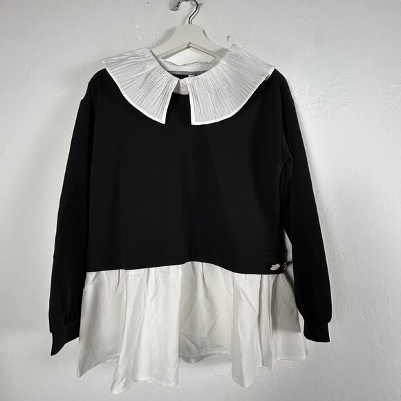 Fashion Women’s Black Pleated Collar Blouse Long Sleeve Gothic Blouse Top Large - Picture 1 of 7